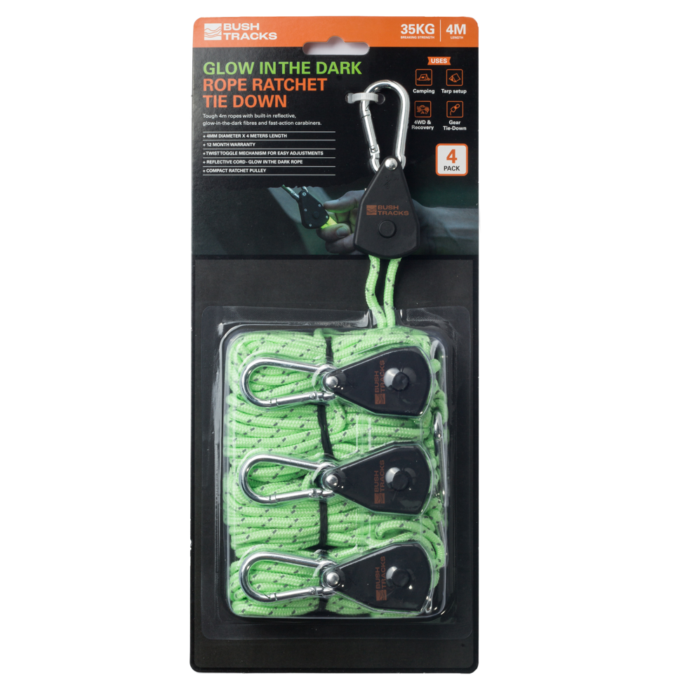 Glow In the Dark 4m Rope Ratchet Tie Downs with Carabiners - 4 Pack